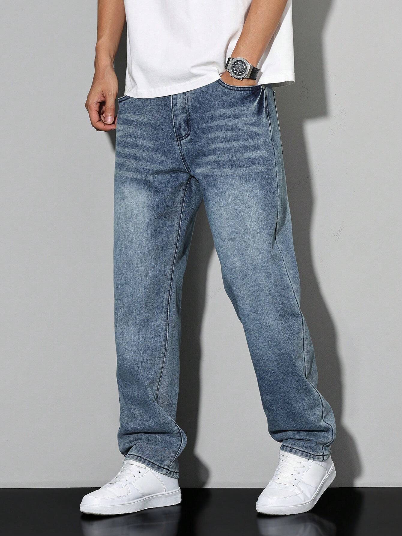 Relaxed wide-leg casual winter jeans for men -17
