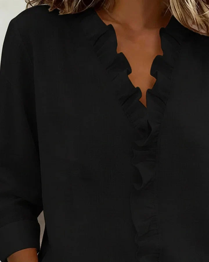 Crew Blouse with ruffled V-neck and long sleeves for women | Indie
