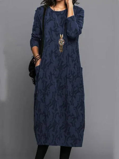 Relaxed long-sleeve midi dress with pockets for women -4