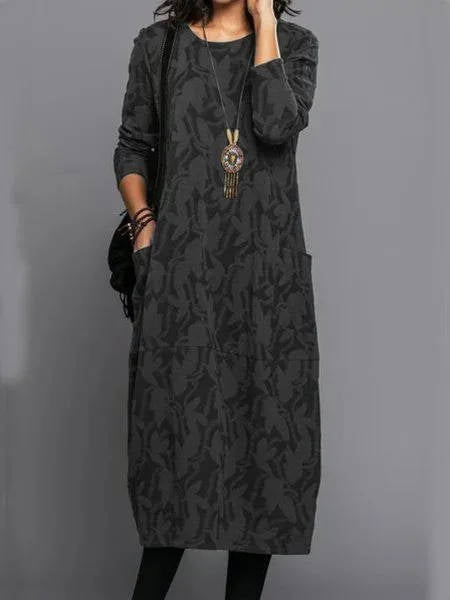 Relaxed long-sleeve midi dress with pockets for women -6