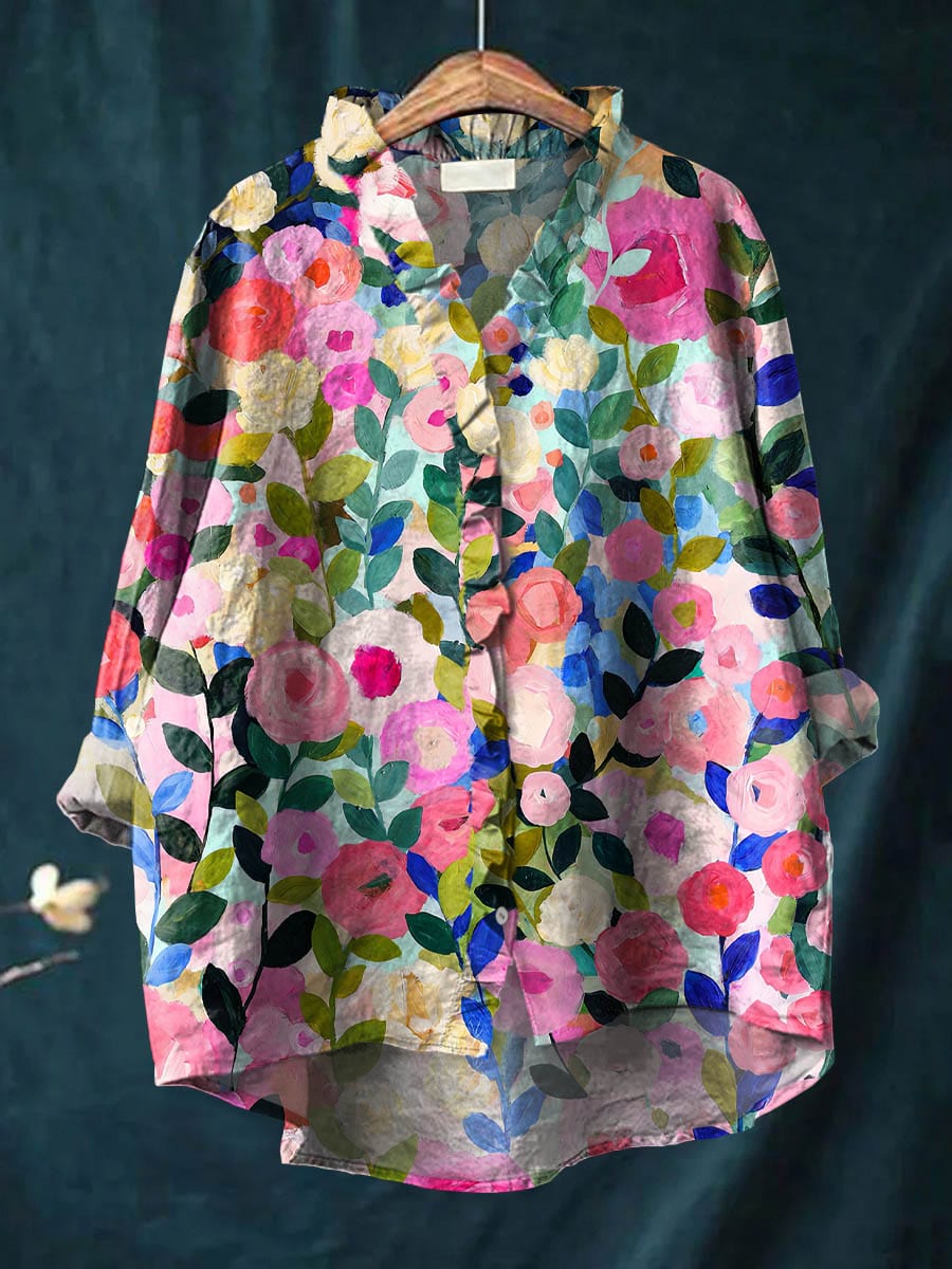 Oversized Floral blouse with ruffle-trim neckline for women | Alisa