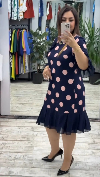 Pleated polka dot midi dress for women | Pamela -4