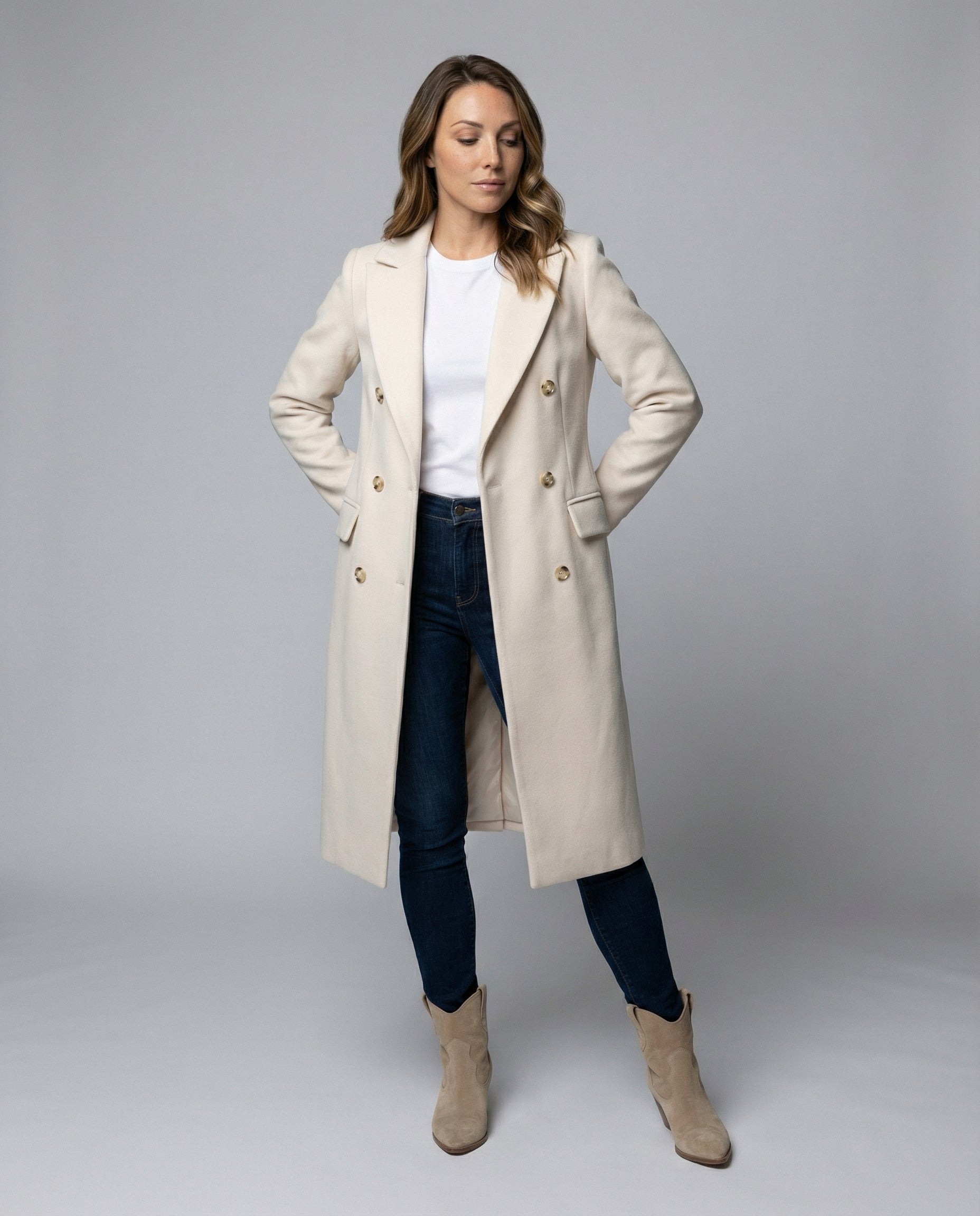Double-breasted longline wool coat for women -1