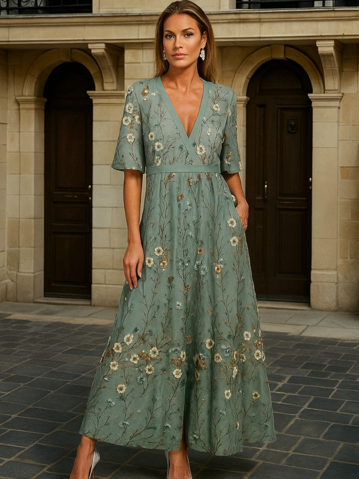 Resplendent Elegant V-neck belted boho dress for women | Hazel