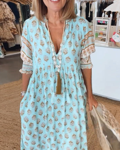 Bohemian tassel-detail relaxed midi dress for women | Verity -5