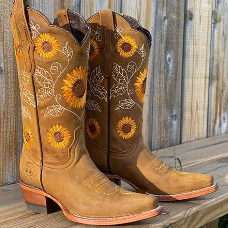 Wayfarer Embroidered cowboy boots with sunflower detail for women | Samantha
