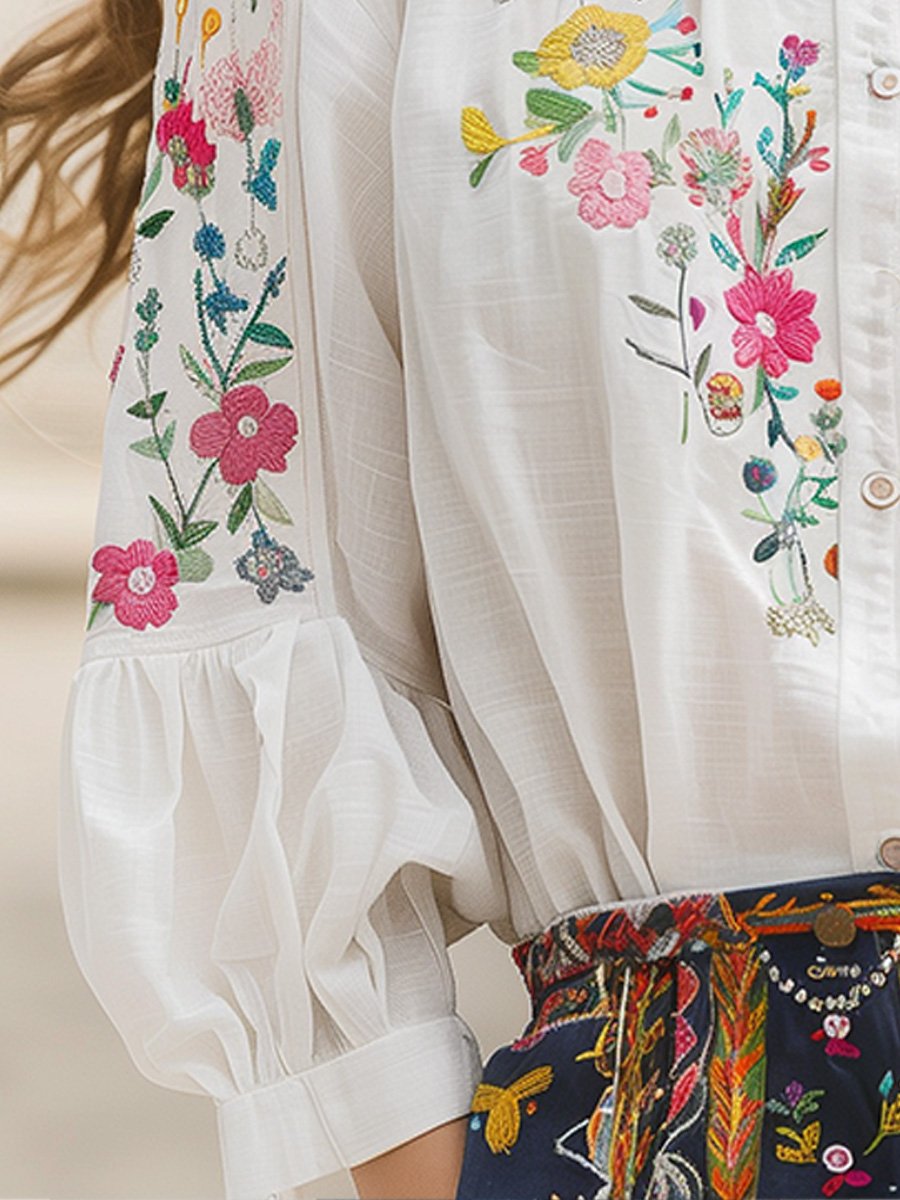 Embroidered long-sleeve floral shirt for women -5