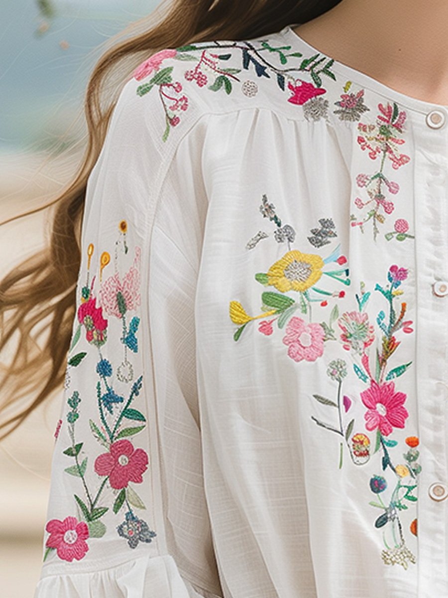 Embroidered long-sleeve floral shirt for women -4