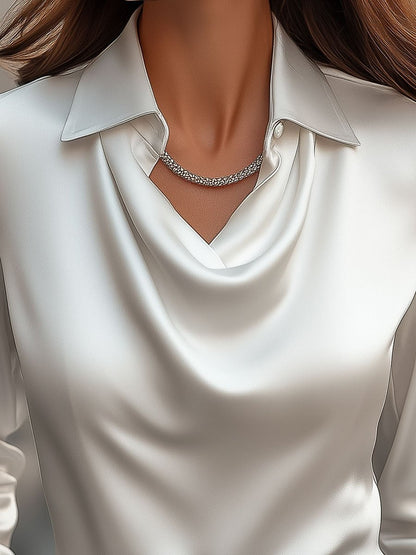 Elegant draped-neckline satin blouse for women -2
