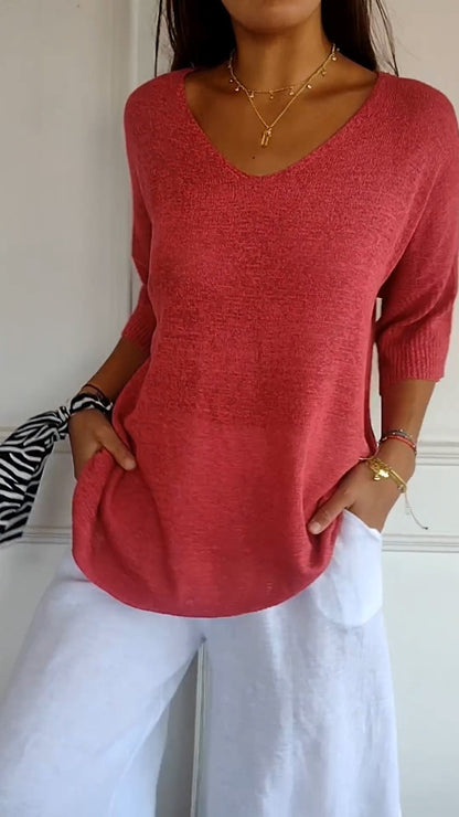 Classic plain knitted V-neck sweater for women | Rosal -1