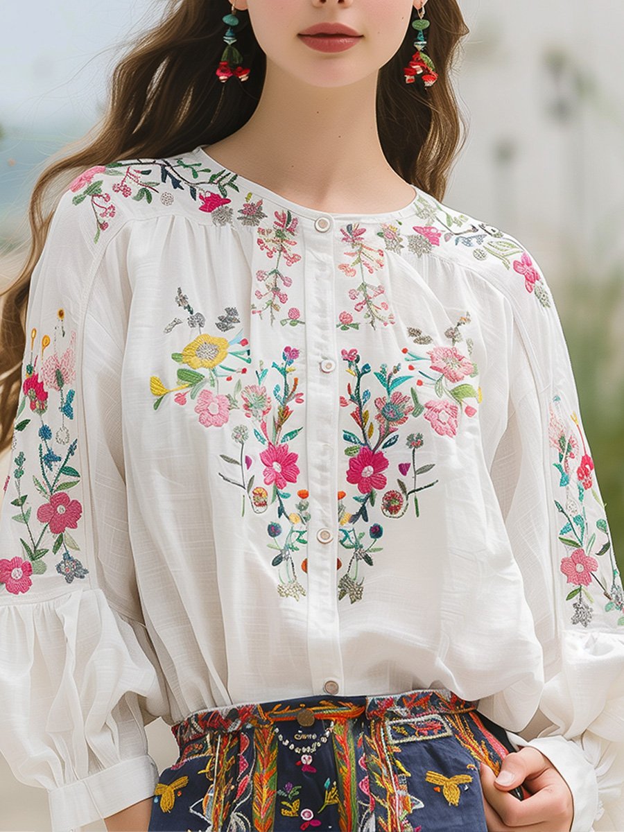 Embroidered long-sleeve floral shirt for women -1
