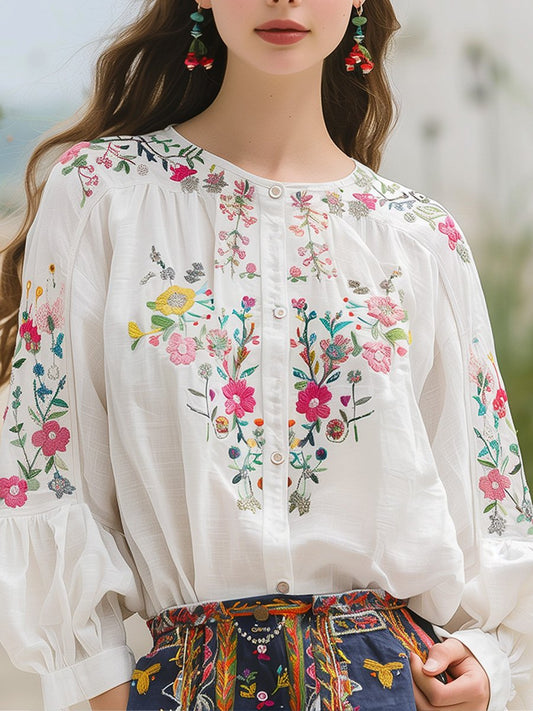 Embroidered long-sleeve floral shirt for women -1