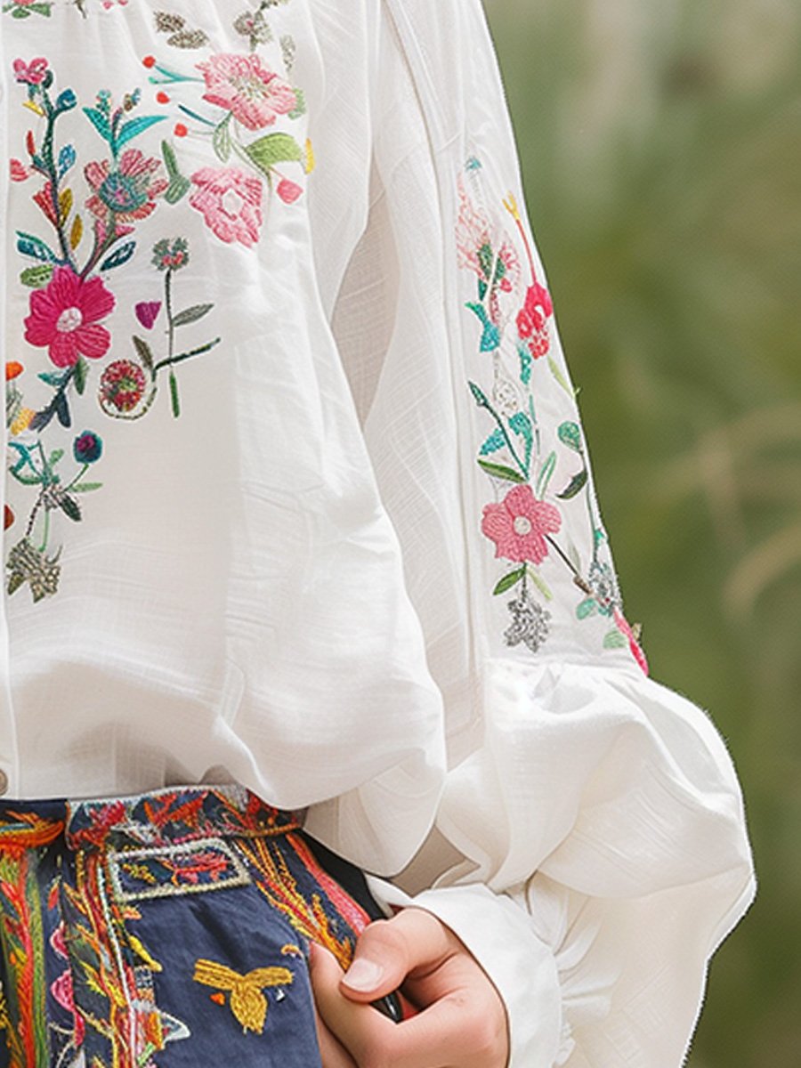 Embroidered long-sleeve floral shirt for women -3