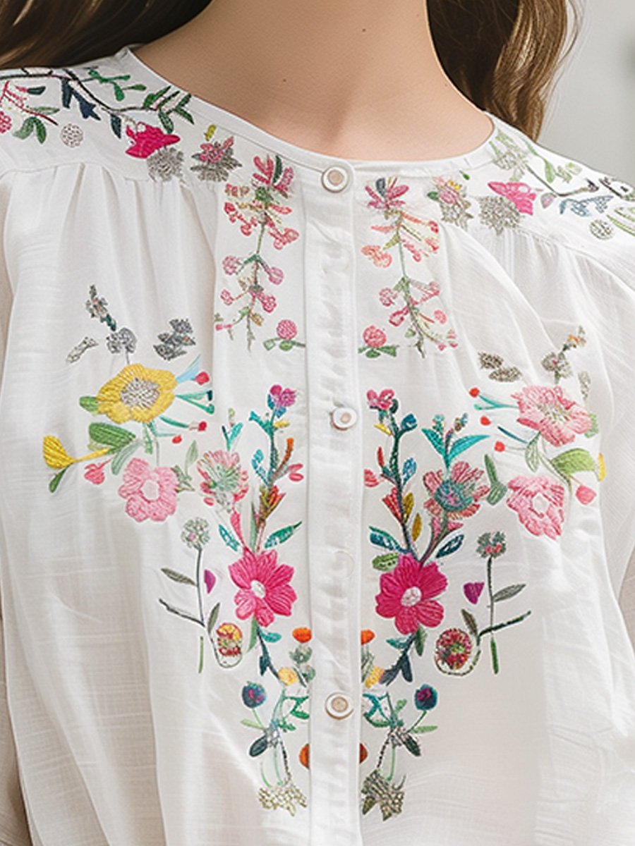 Embroidered long-sleeve floral shirt for women -2