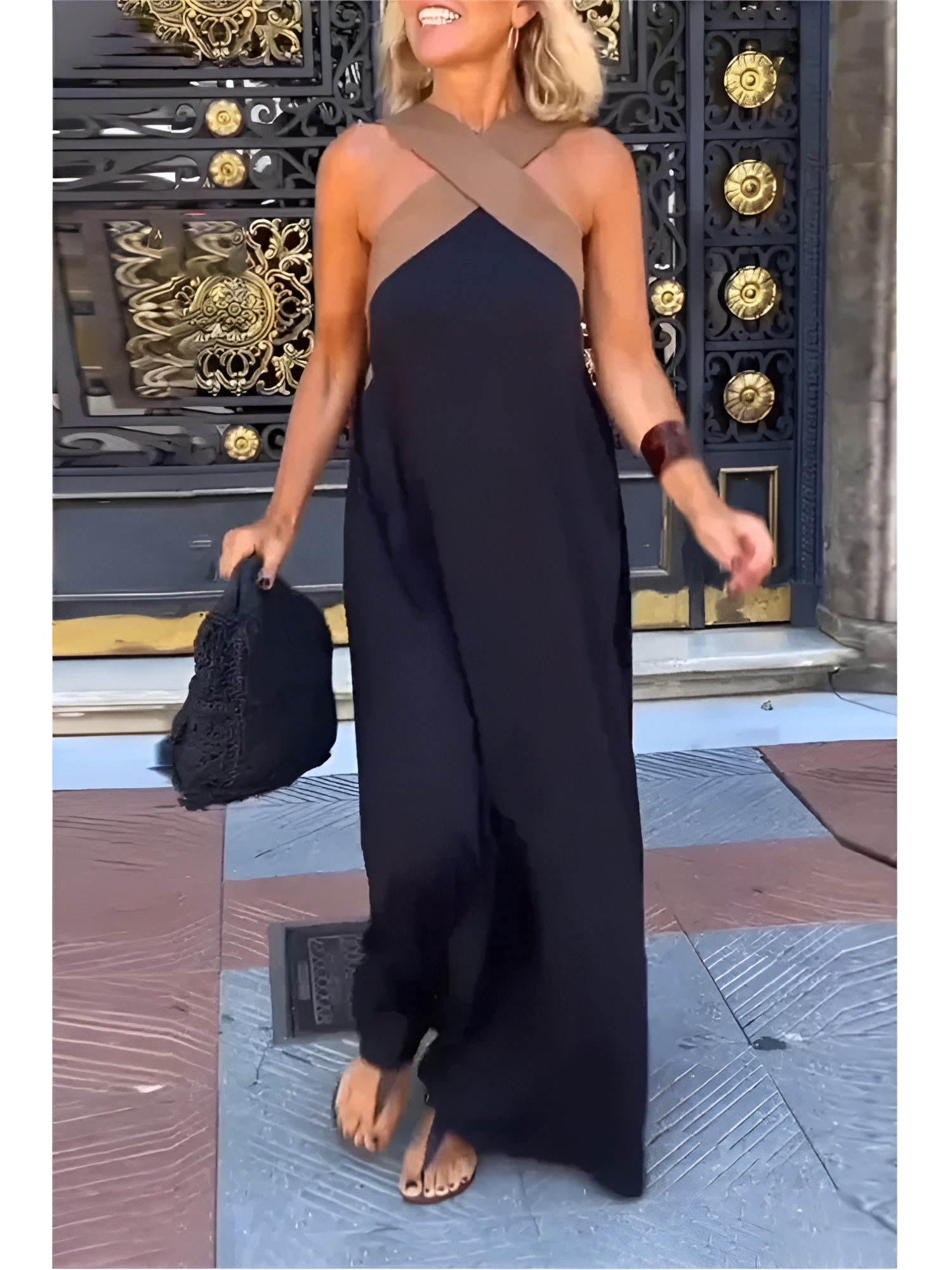 Elegant crossed-cut midi dress for women | Delphine -1