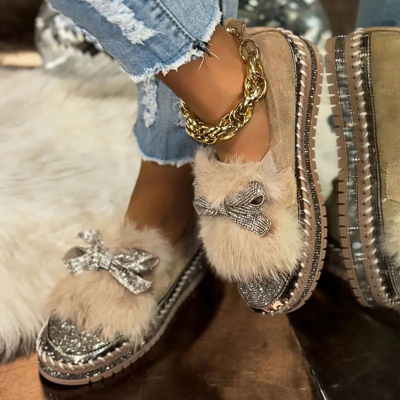 Elegant crystal bow comfort slip-on loafers for women -2