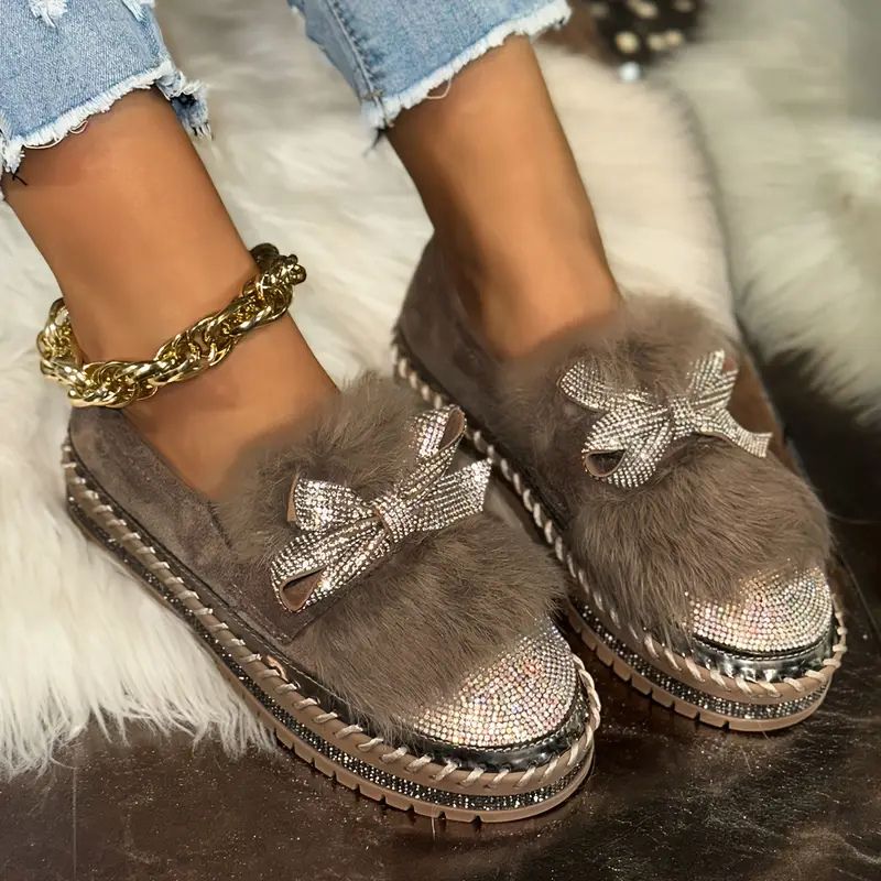 Sparkling crystal bow cushioned slip-on loafers for women -3