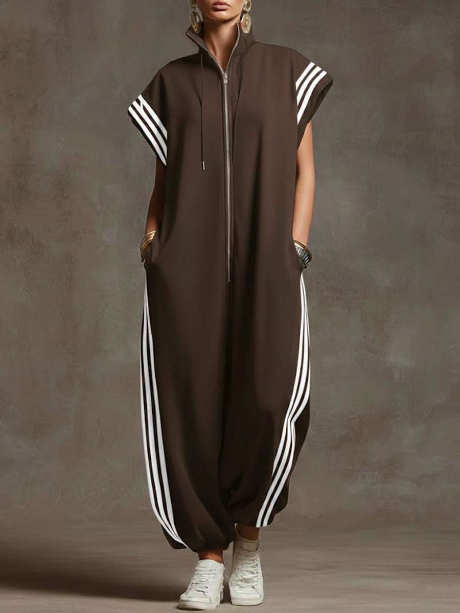 Urban zip-neck sleeveless wide-leg jumpsuit for women | Valencia -5