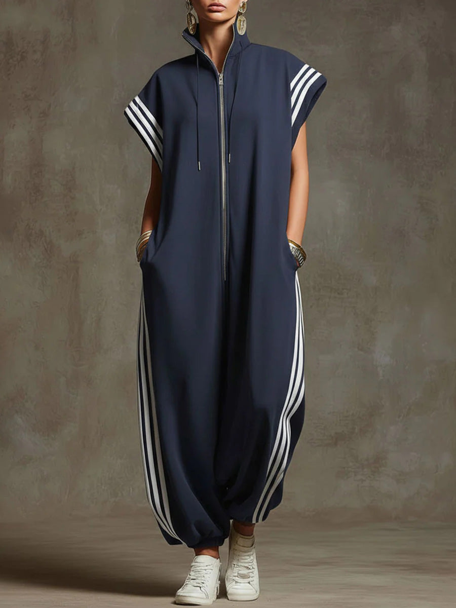 Urban zip-neck sleeveless wide-leg jumpsuit for women | Valencia -3