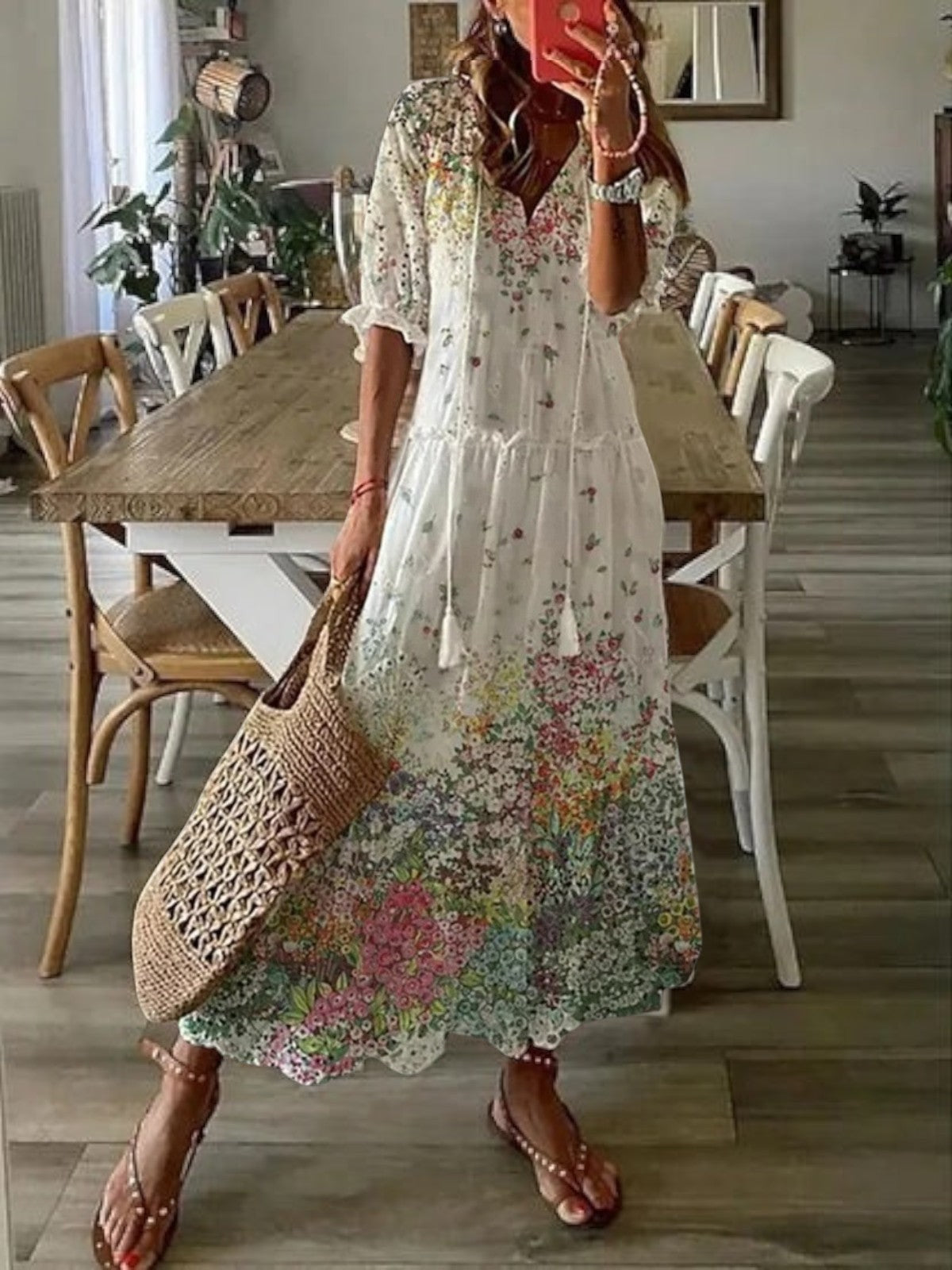 Soft Boho vintage V-neck summer dress for women | Sophia