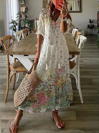 Soft Boho vintage V-neck summer dress for women | Sophia