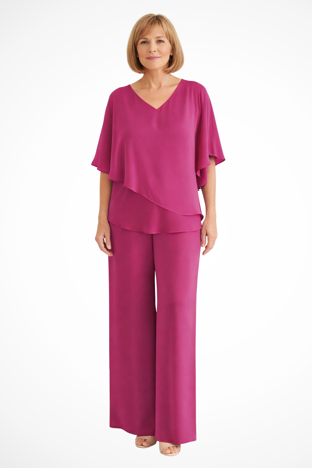 V-neck batwing top wide-leg trousers set for women | Serena -11
