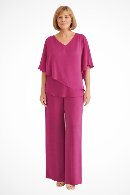 V-neck batwing top wide-leg trousers set for women | Serena -11