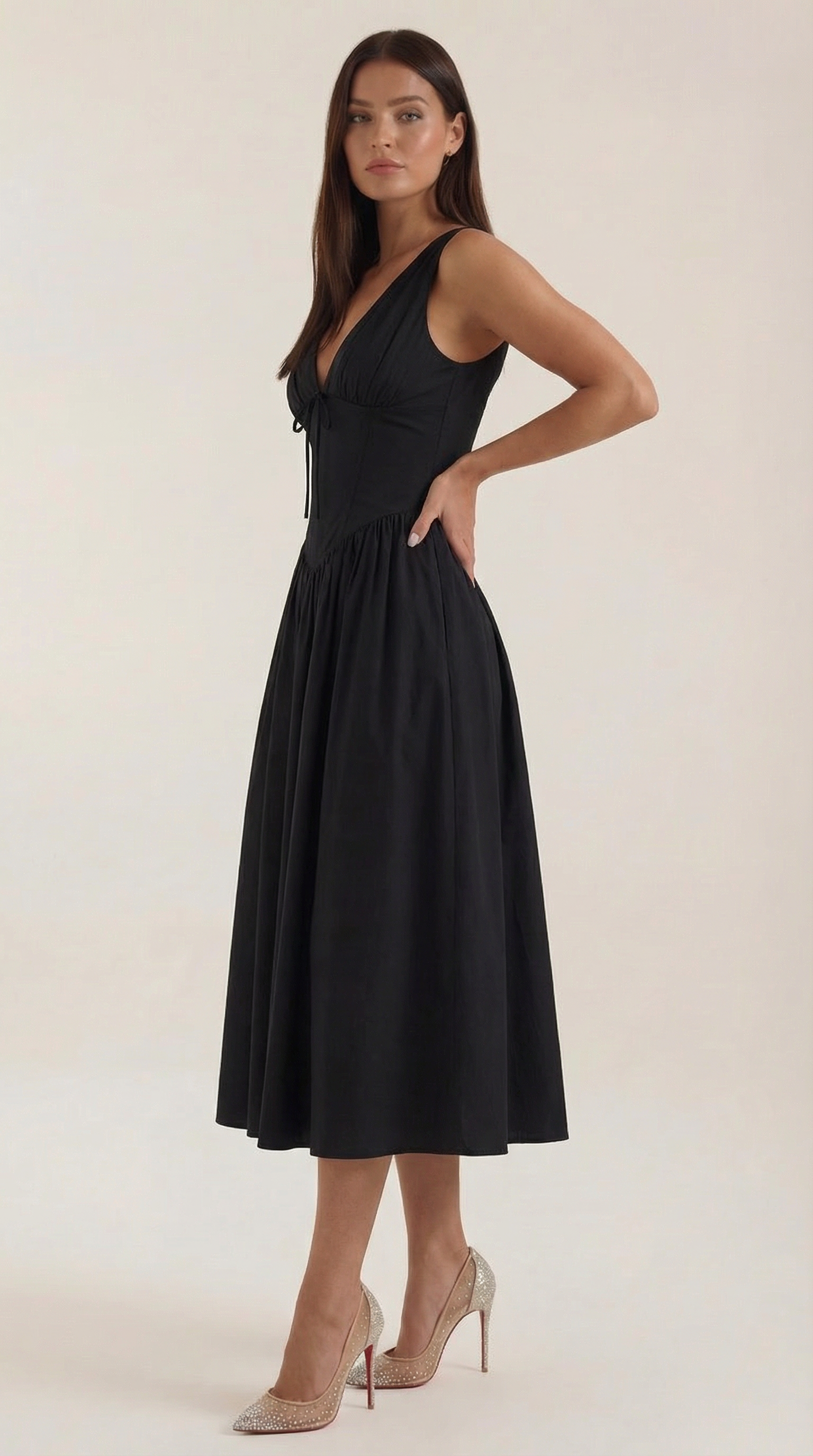 Elegant midi plunge-neck dress for women | Cassiopeia -7