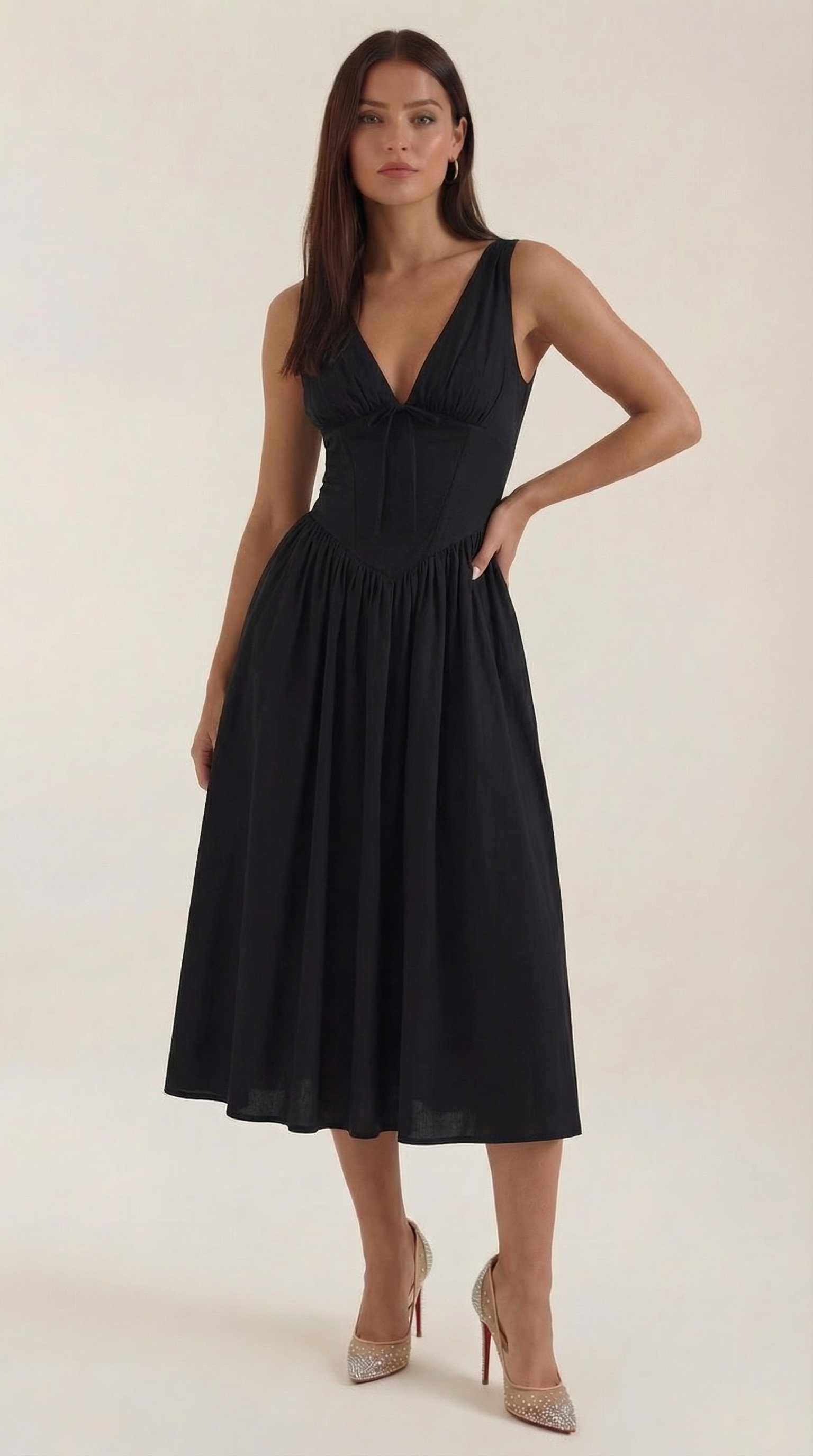 Elegant midi plunge-neck dress for women | Cassiopeia -6