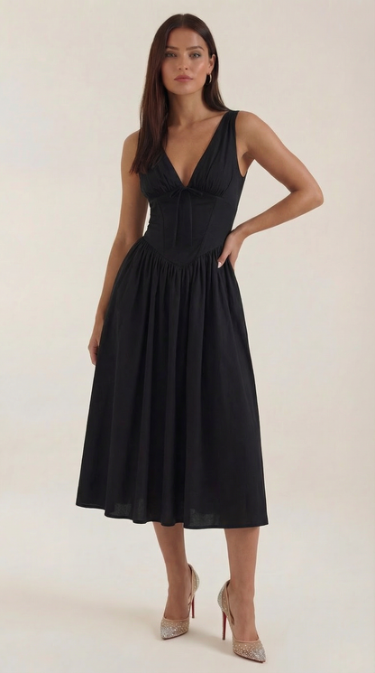 Elegant midi plunge-neck dress for women | Cassiopeia -6