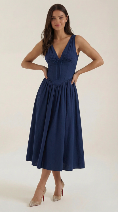 Elegant midi plunge-neck dress for women | Cassiopeia -1