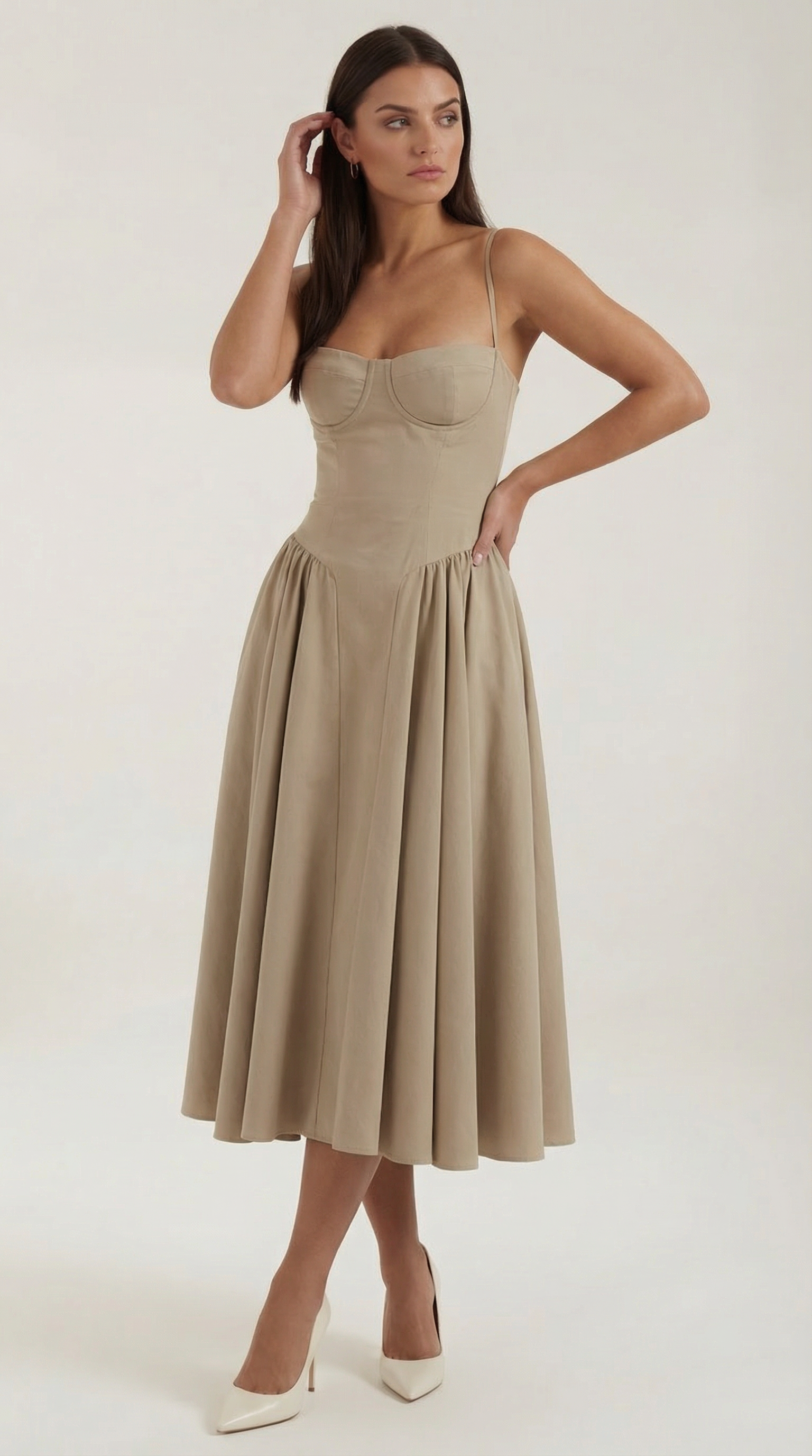 Elegant corset-detail midi dress for women | Odette -31