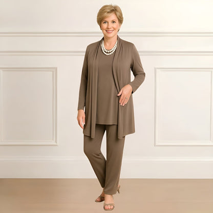 Fuzzy Three-piece cardigan, top and pants set for women | Rosy