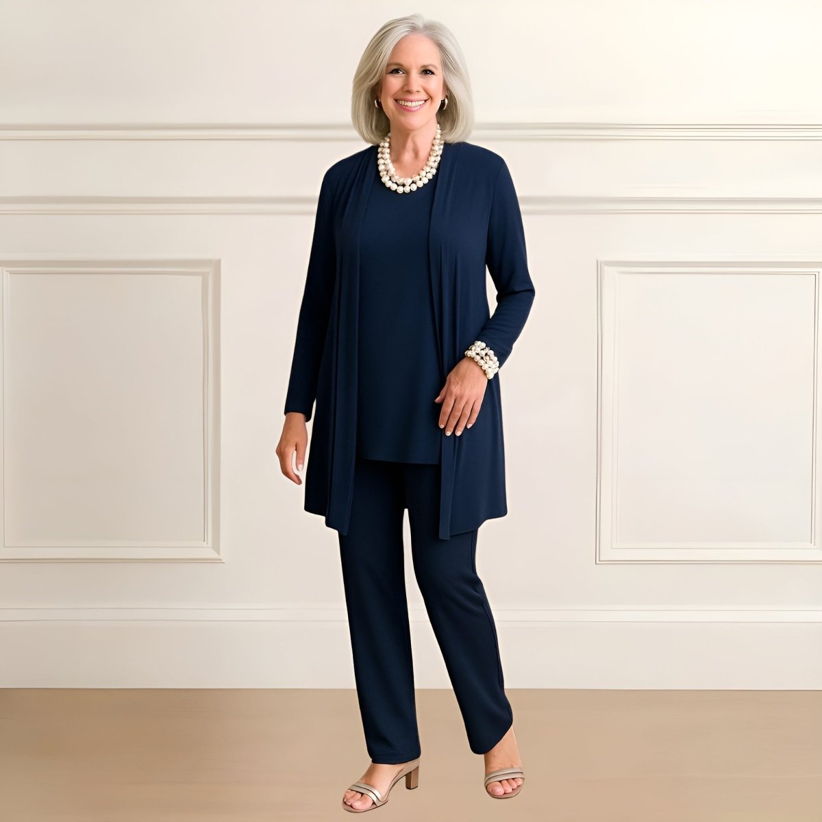 Fuzzy Three-piece cardigan, top and pants set for women | Rosy
