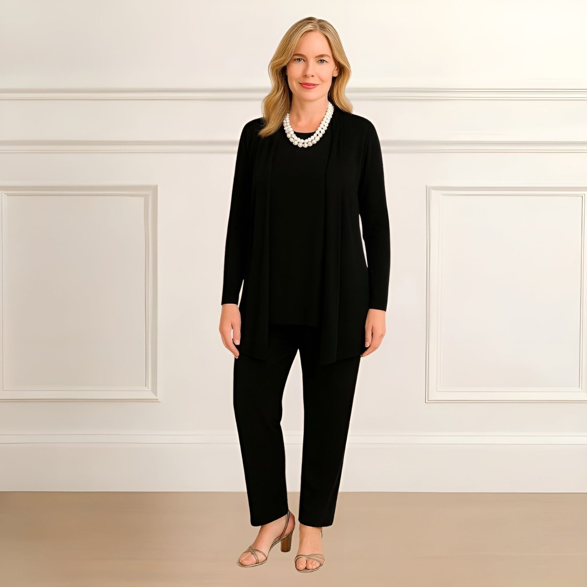 Fuzzy Three-piece cardigan, top and pants set for women | Rosy