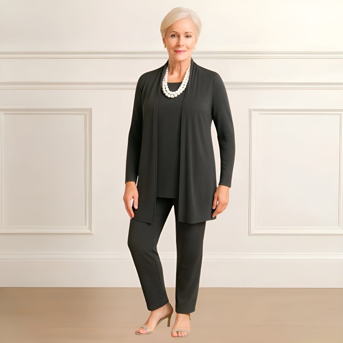 Fuzzy Three-piece cardigan, top and pants set for women | Rosy