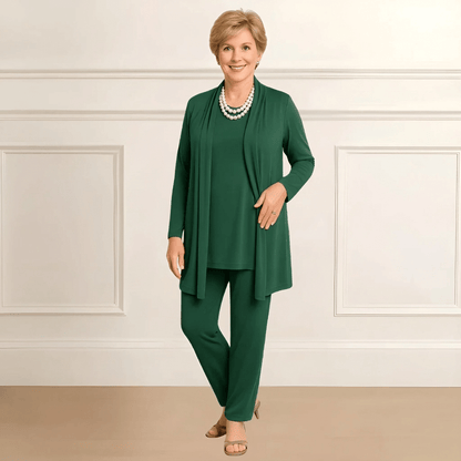 Fuzzy Three-piece cardigan, top and pants set for women | Rosy