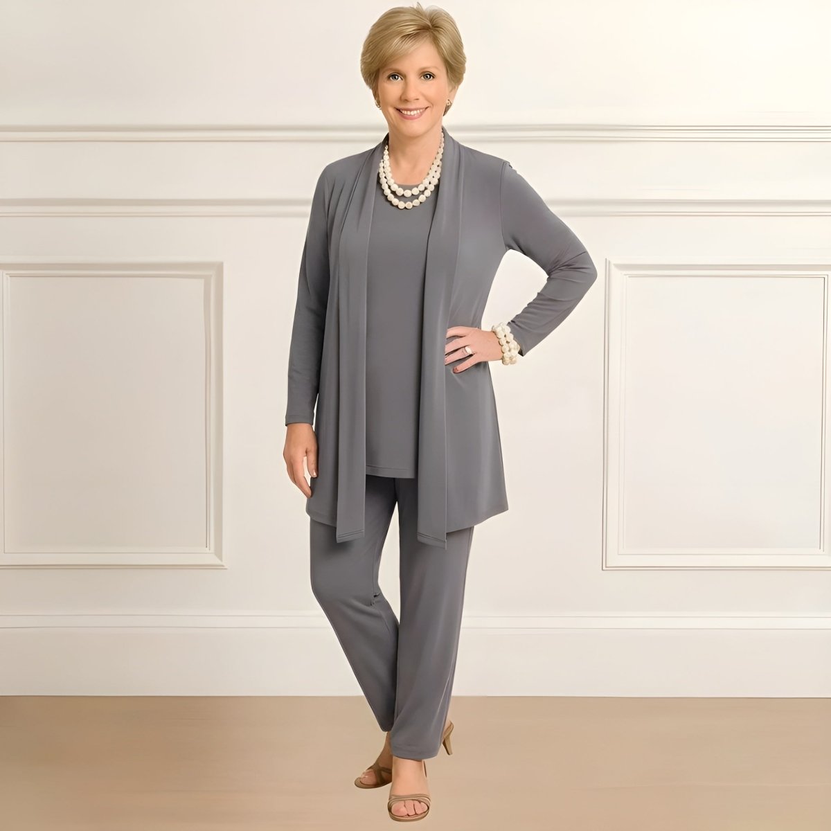 Fuzzy Three-piece cardigan, top and pants set for women | Rosy
