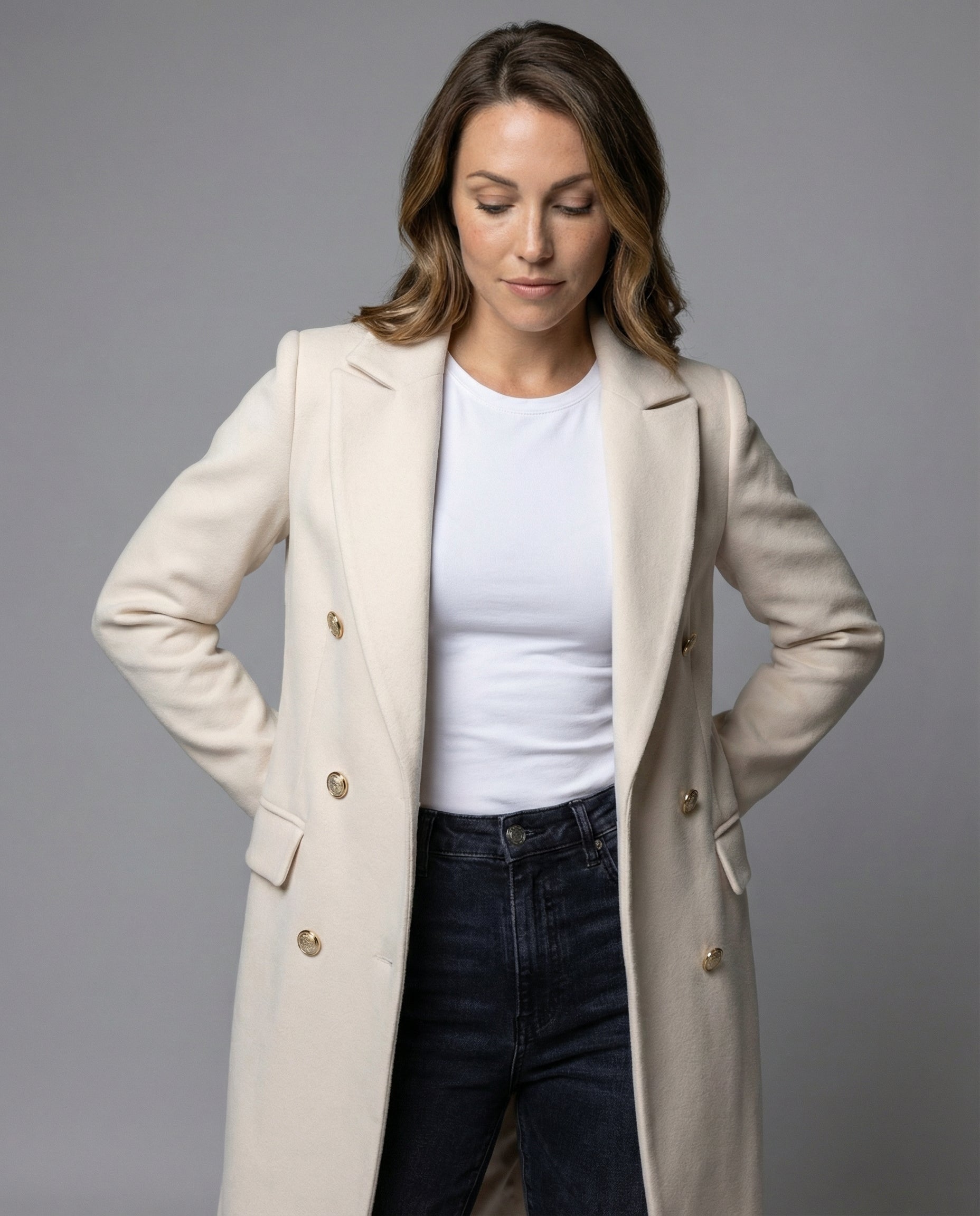 Double-breasted longline wool coat for women -3