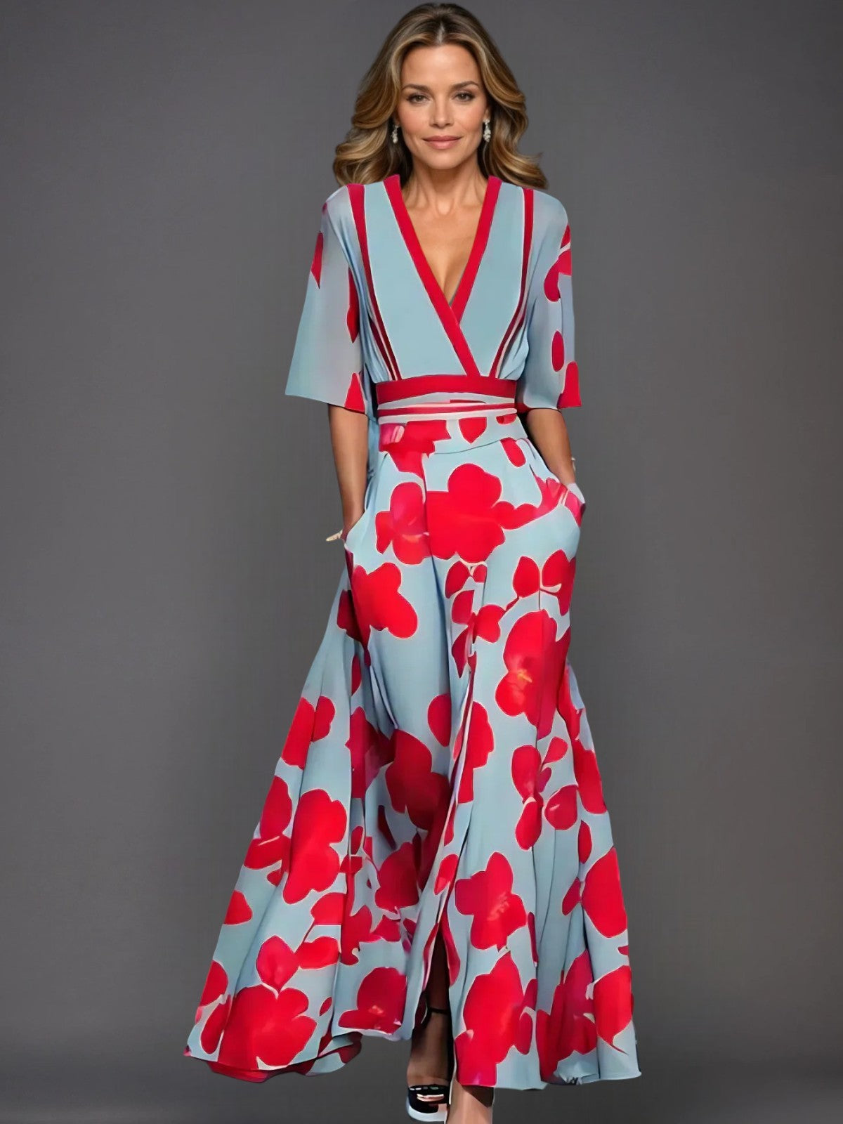 Minimal Classic floral V-neck maxi dress for women | Zoe