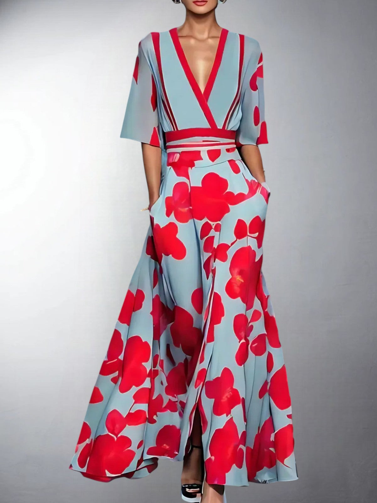Minimal Classic floral V-neck maxi dress for women | Zoe